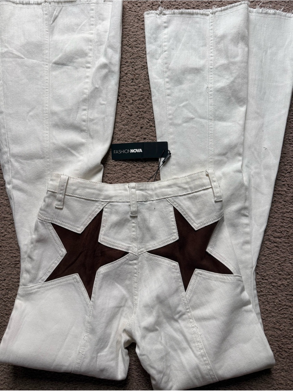 Rodeo Star Nova White Flare Jeans with Brown Star Panels on back pockets NWT sz3